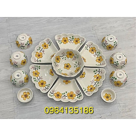 Set đĩa đựng đồ ăn hoa mặt trời cánh tròn vẽ mai vàng gốm sứ Bát Tràng