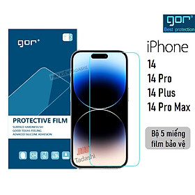 Miếng dán màn hình Gor Cho Iphone 14 Pro Max/ 14 Pro/ 14 Plus/ 14 Cảm ứng nhạy, Chống trầy xước, Hạn chế vân tay - Hãng Gor (5 miếng) - Hàng nhập khẩu
