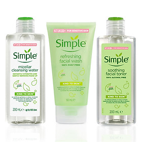 Combo Simple Tẩy trang Micellar 200ml + Sữa rửa mặt 150ml + Nước hoa hồng Toner 200ml cho da sạch khỏe đàn hồi [Chính hãng độc quyền]