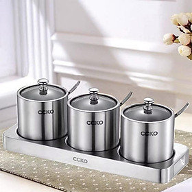 Mua Set 3 hũ đựng gia vị CCKO inox 304 nắp thủy tinh kèm khay hàng