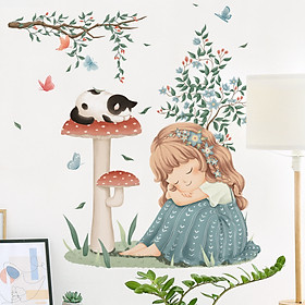 Mua Sticker Giấy Dán Tường Decal Dán tường Tranh Dán Tường Trang Trí Tường Mẫu Cô Bé Bên Cây Nấm ZH-1010