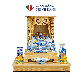Mua Bộ đồ thờ 11 món cơ bản men Lam Trắng Nổi họa tiết RỒNG và bàn cúng gỗ sồi 1 mái bằng vàng - Gốm sứ Bát Tràng cao cấp