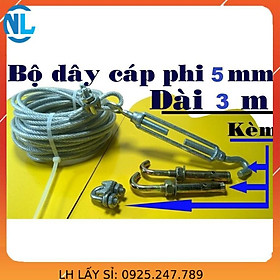 Dây phơi quần áo Phi 5mm, Tặng 2 khóa cáp, 1 tăng đơ, 2 nở móc sắt