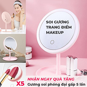 Gương Để Bàn Trang Điểm MakeUp Hình Tròn Màu Hồng Có Đèn Led Cảm Ứng 3 Chế Độ Màu ,Tặng Gương Phóng Đại 5 Lần