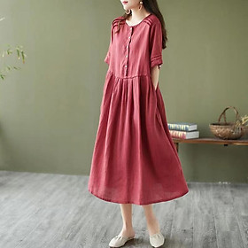 Đầm sơ mi đũi nữ cổ tròn tay lỡ, Váy sơ mi suông dài phong cách retro Đũi Việt