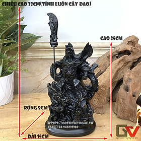 Mua Tượng đá trang trí phong thủy - Tượng Quan Công cầm đao cưỡi rồng trang trí - Chiều cao 25cm - Màu nâu đen