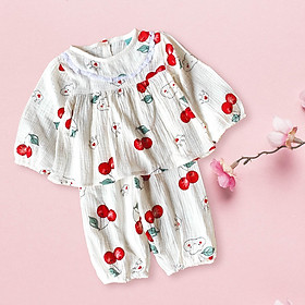 Bộ dài tay hoa nhí cổ đính viền ren vải xô muslin cao cấp cho bé gái MamLa