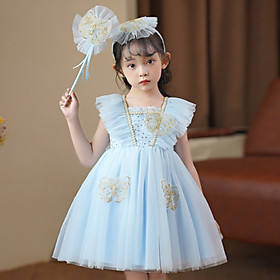 Đầm voan công chúa cho bé gái màu hồng xanh dự tiệc múa hóa trang đẹp size 12-35kg hàng Quảng Châu cao cấp kèm cài tóc