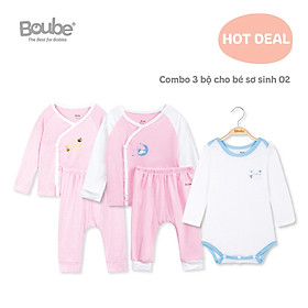 Combo SS02, 3 bộ quần áo dài tay và body cho các bé sơ sinh vừa chào đời Boube, Vải petit mềm mịn, thoáng mát