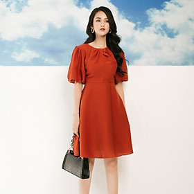Đầm Dáng Xòe Cổ Tròn Tay Bồng Lỡ Màu Cam Đỏ V006 Vải Đũi Nhật Siêu Mềm Siêu Nhẹ Đầm Công sở Dự Tiệc Đi Chơi