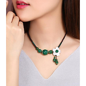 Vòng đeo cổ dây chuyền ngọc xanh phối hoa trắng cao cấp VN24