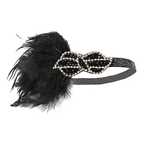 Women's Vintage Feather Headband, Black Rhinestone 20s Flapper Headband - Roaring 1920s Headpiece - Elastic Band