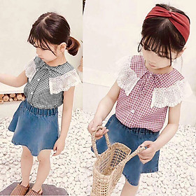 Set áo kate kiểu và chân váy jean sành điệu cho bé gái 1.5-7 tuổi từ 13 đến 24 kg 01825-01826