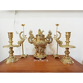 Mua Bộ đỉnh thờ lư thờ bằng đồng đúc cao 50cm màu vàng ánh kim đỉnh hạc nến tam sự ngũ sự