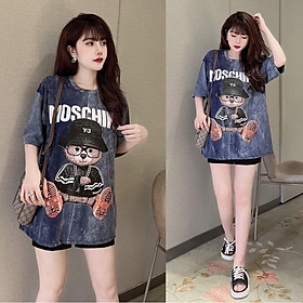Đồ bộ thun đùi mặc nhà họa tiết gấu kính cận siêu kute (2 màu xanh, nâu cam)