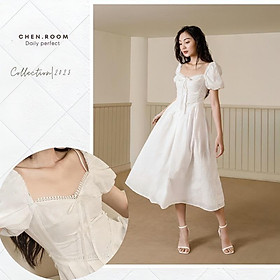 Chen.room Đầm trắng dáng xoè tay phồng Joy dress tiểu thư nhẹ nhàng thanh lịch, váy đầm xinh nhà Chen