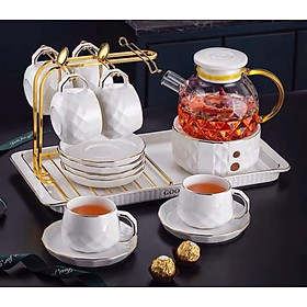 Mua Bộ ấm chén trà chiều phong cách châu Âu màu trắng viền vàng kèm khay và giá treo cốc