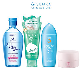 Bộ sản phẩm Senka làm sạch, dưỡng ẩm và chống nắng dành cho da mụn (Tẩy trang White 230ml + Sữa Rửa Mặt Acne 100g + Gel chống nắng Senka UV Gel 80ml + Kem dưỡng trắng da ban đêm Senka Glow Gel Cream 50g)