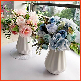 Hoa giả, bình hoa tông hồng, xanh cao 28cm trang trí nhà cửa, cửa hàng, văn phòng
