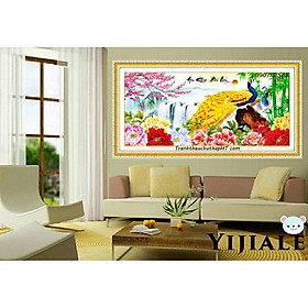 Tranh thêu chữ thập chim công mẫu đơn Hoa khai phú quý LV3054 - size: 100*51cm (tự thêu)