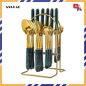 Mua Bộ Dao Muỗng Nĩa Kèm Giá Đựng 24 Món Mạ Vàng Chống Gỉ Cao Cấp Dao Thìa Dĩa Có Vân Đá Cẩm Thạch Tặng Kèm Khay Treo - Hàng Chính Hãng  Được đồng kiểm 