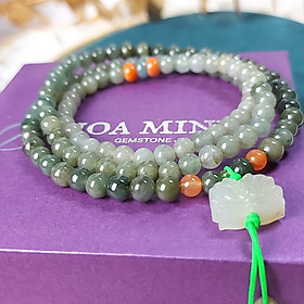 Vòng tay chuỗi 108 hạt Cẩm Thạch dầu size 5.2 li phối theo dải màu radiant cùng mặt dây hoa sen chất ngọc hòa điền tinh xảo, phong thủy bình an - 16-17.5cm