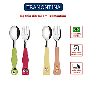 Bộ Thìa Dĩa Trẻ Em 2 Món Tramontina Chất Thép Không Gỉ Cao Cấp An Toàn Cán Nhựa PP Sản Xuất Tại Brazil