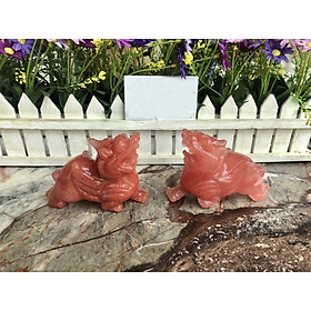 Cặp Tỳ Hưu phong thủy đá núi lửa Obsidian đỏ - Dài 10 cm