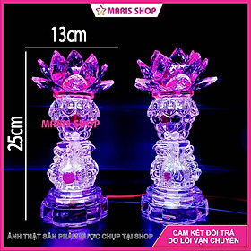 Mua Bộ 2 Cây Đèn Hoa Sen Pha Lê Nguyên Khối Cao 25cm Để Bàn Thờ Phật 2 Tầng LED Đổi Màu Cao Cấp  MRHT33 