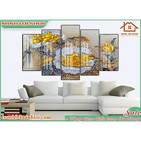 Tranh tráng gương pha lê BÔNG SEN 5 tấm trang trí phòng khách hiện đại TẶNG KÈM ĐINH TREO 5TBS017