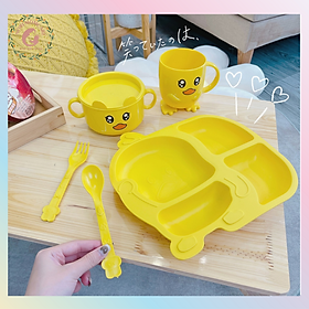Mua Set khay ăn 5 món (khay  thìa  dĩa  tô có nắp  ly) gà vàng dễ thương - Hàng chính hãng