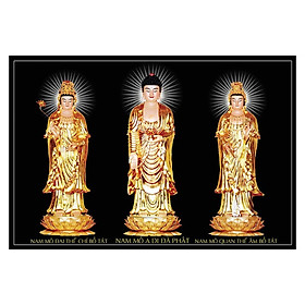 Tranh gỗ cao cấp treo tường mẫu tượng vàng Tam thánh, Tranh Phật Giáo Tam Thánh 2455
