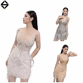 Đầm dự tiệc cổ vuông tay dài kết cườm sang trọng TRIPBLE T DRESS -size M/L  MS153Y