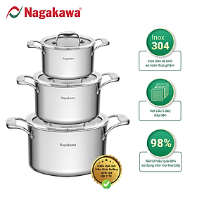 Bộ 3 nồi inox Nagakawa Natsu NAG1356 (16cm, 20cm, 24cm) - Dùng trên mọi loại bếp
