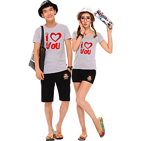 Bộ Áo Thun Đôi Nam Nữ I Love You Flower - Màu Xám