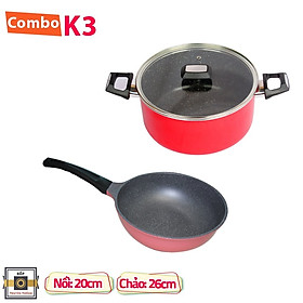 Combo 2 món cao cấp Hàn Quốc, nồi chống dính vân đá Seoulcook (K), quai chống nóng, nắp kính cường lực viền inox size 20 cm và Chảo đúc chống dính vân đá ceramic sâu lòng (E) 26 cm, dùng bếp gas, hồng ngoại, ...