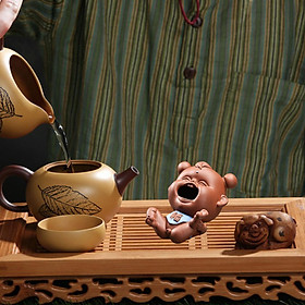 Pottery Clay Mini Fu Baby Boy Sculpture Tea Pet Miniature Kung Fu Tea Pet Model Cute Decorative Decoration for Fairy Garden, Yoga Room Shelf