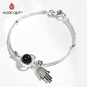 Vòng Tay Bạc 1 Hạt Đá Obsidian Phối Charm Bàn Tay Hamsa Bạc Mệnh Thủy, Mộc - Ngọc Quý Gemstones