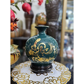 Bình hút tài lộc chữ thư pháp "PHÚC" và "LỘC" vẽ vàng 18k (cao H18cm) gốm sứ Bát Tràng tặng kèm đế gỗ tiện liền khối