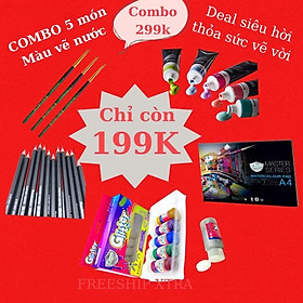 Bộ combo 5 món set 6 màu nước kim tuyến, tập giấy vẽ, 3 cọ, bút chì vẽ