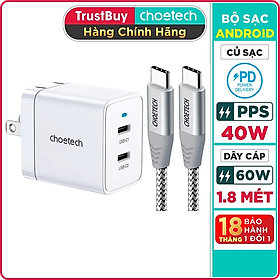 Adapter củ sạc nhanh 40w sạc 1 cổng type c 40w, 2 cổng type c 20w, pps 25w, qc3.0 18w choetech q5006 sạc nhanh iphone 15, iphone, samsung, ipad - hàng chính hãng