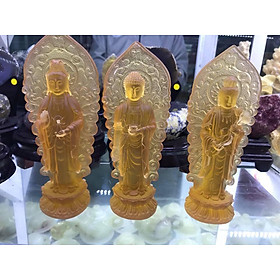 Bộ 3 Tượng Tam Thế Phật Tây Phương Tam Thánh đứng đá thạch anh lưu ly vàng và trắng - Cao 17 cm