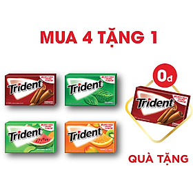 Combo 4 Vị Kẹo Cao Su Không Đường Trident, Hương Quế, Dưa Hấu, Bạc Hà, Trái Cây, 4x26,6g (Tặng 1 Vị Hương Bạc Quế)