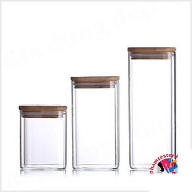 Mua Combo 03 Hũ Thủy Tinh Vuông  Hộp Thủy Tinh Vuông  Lọ Thủy Tinh Vuông Nắp Gỗ Đựng Thực Phẩm 750ml - 1150ml -1600ml