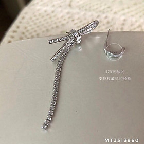 Bông tai bạc 925 hình nơ bất đối xứng, Bông tai bạc hình nơ xi bạch kim cao cấp-Minh Tâm Jewelry