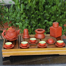  Bộ ấm chén tử sa đỏ đắp nổi hoa Phù Dung và phụ kiện gốm sứ Bát Tràng (bộ bình uống trà, bình trà)
