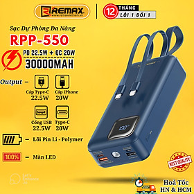 Pin Sạc Dự Phòng 30000mAh Remax RPP-550 Tích Hợp 2 Cáp Sạc Nhanh PD 22.5W QC 3.0 - Hàng Chính Hãng Remax
