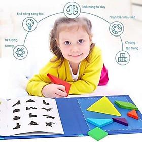 Xếp hình gỗ Tangram nam châm có kèm sách, đồ chơi thông minh cho bé tư duy phát triển trí tuệ