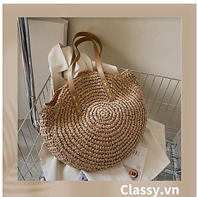 Túi cói Classy dệt sợi giấy hình tròn họa tiết, có lớp lót dày dặn, phong cách hàn quốc dành cho nữ T1127