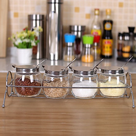 Mua Hũ 4 Lọ Giạ vị Thủy Tinh Có Kệ Nằm Ngang Nắp Inox #304 Kèm Thìa  - Thép Không Gỉ